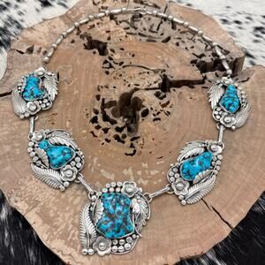 SAM PIASO Navajo Sterling & Morenci Turquoise Station Necklace Flowers Leaves